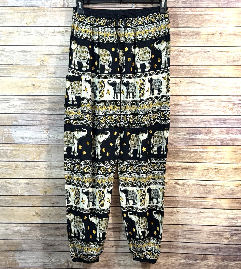 Earthbound Trading Co. Black Yellow Elephant Gypsy Harem Pants Boho Hippie L